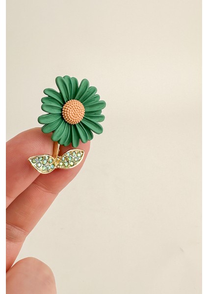 Altın Rengi Yaprak Detay Taşlı Ay Çiçeği Broş (3cm)