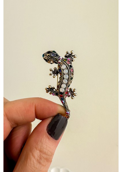 Altın Rengi Renkli Taş Detay Kertenkele Broş (5cm)