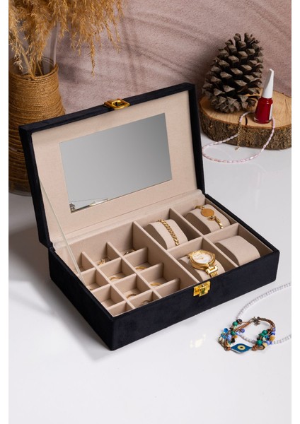 Aynalı Siyah Kadife Takı Organizer, Şık ve Kullanışlı, 25X16X7 cm