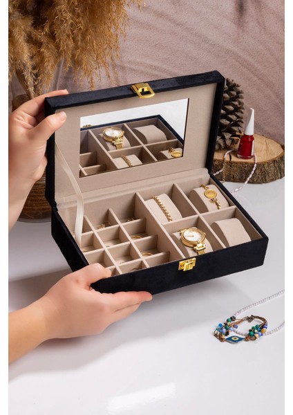 Aynalı Siyah Kadife Takı Organizer, Şık ve Kullanışlı, 25X16X7 cm