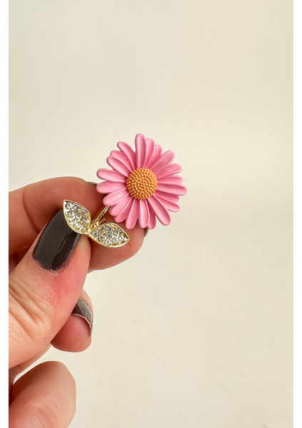 Altın Rengi Yaprak Detay Taşlı Ay Çiçeği Broş (3cm)