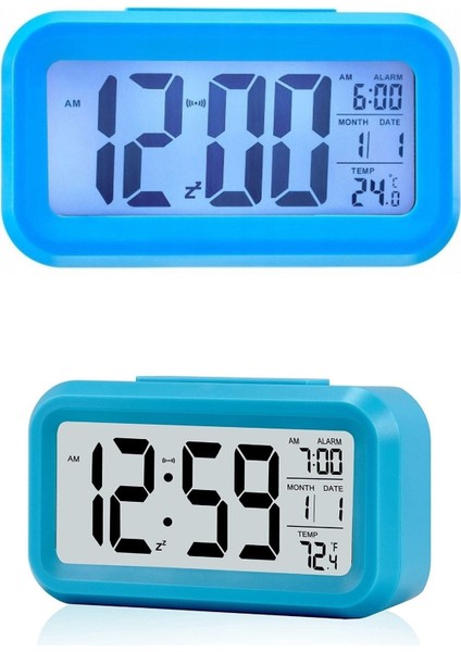 Mavi LCD Dijital Pilli Masaüstü Alarm Saat, Gece Işıklı, Şık ve Pratik Tasarım