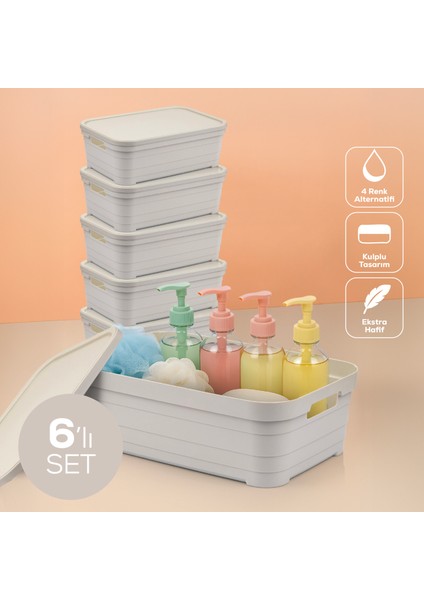 6'lı Kapaklı 8,2 Litre Saklama Kutusu Bej