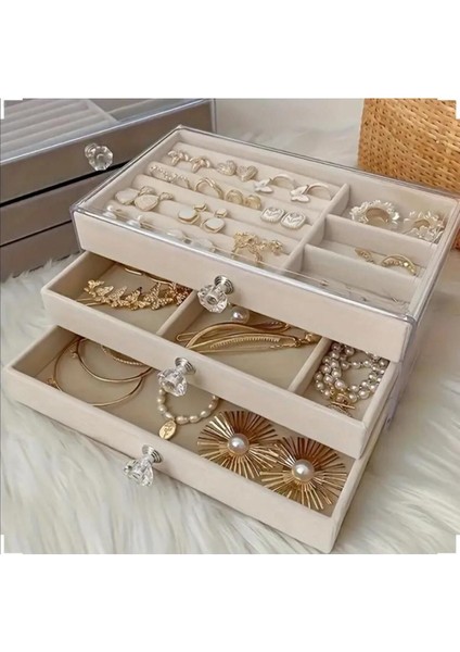 Şık 3 Çekmeceli Takı ve Mücevher Düzenleyici 13X23X11, Bej