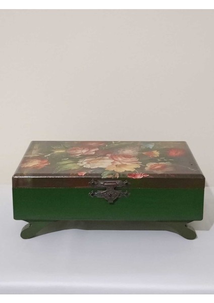 Yeşil Ahşap Çiçek Desenli Dekoratif Kutu, Takı ve Aksesuar Saklama 29X18,5X7,5 cm