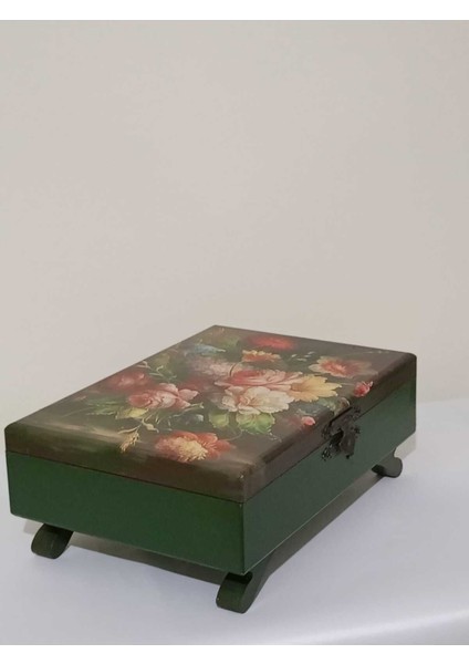 Yeşil Ahşap Çiçek Desenli Dekoratif Kutu, Takı ve Aksesuar Saklama 29X18,5X7,5 cm fiyatları