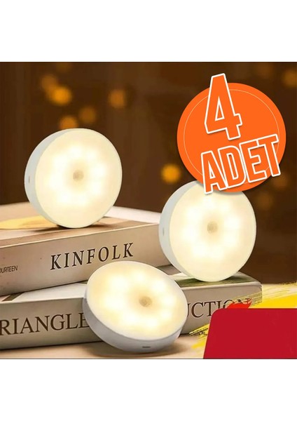 4 Adet Akıllı Hareket Sensörlü Kablosuz LED Spot Lamba USB Şarjlı Dolap Içi Aydınlatma