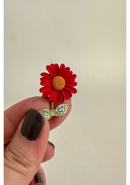 Altın Rengi Yaprak Detay Taşlı Ay Çiçeği Broş (3cm)