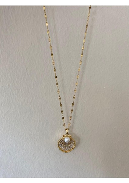 Istiridye Taşlı Incili Çelik Gold Kolye fiyatları