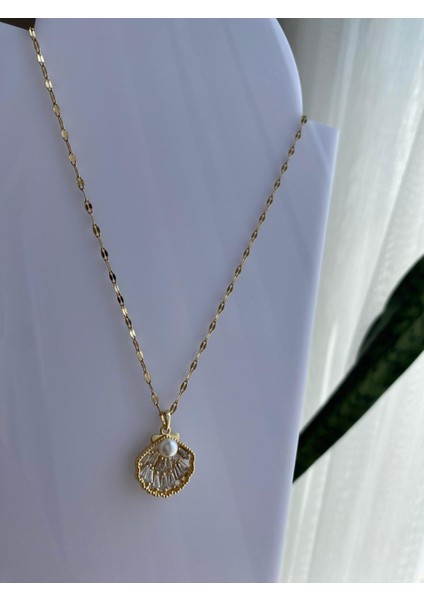 Istiridye Taşlı Incili Çelik Gold Kolye fırsatları