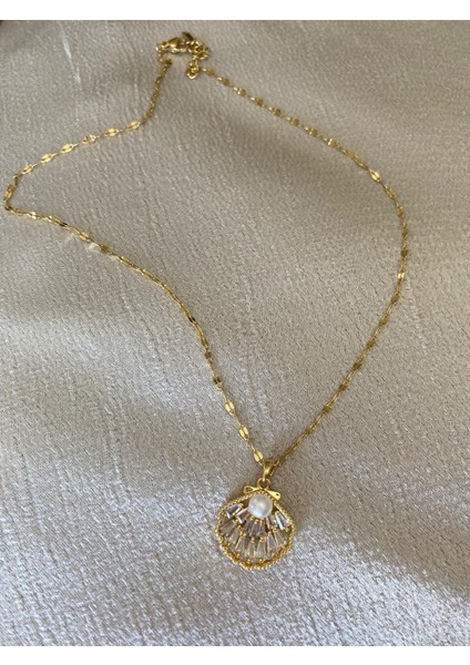 Istiridye Taşlı Incili Çelik Gold Kolye indirimleri