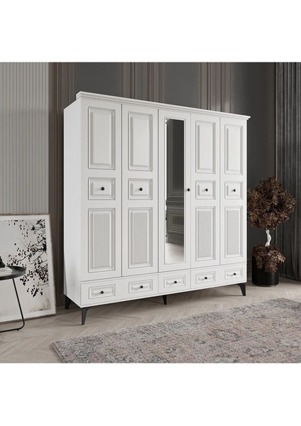 Nil 5 Kapaklı Beyaz Gardırop Tamamı Mdf