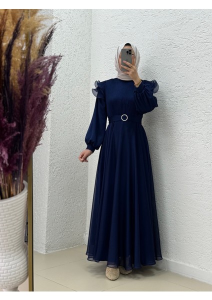 Oreleva Omuz Fırfırlı Göğüs Kısmı Pileli Tüllü ELBISE-PA9596 Lacivert