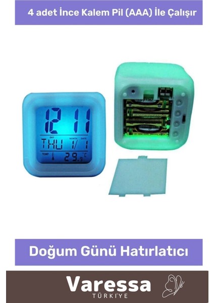 Renkli Dijital Takvimli Termometreli Masa Saati, Dekoratif ve Alarmlı modelleri