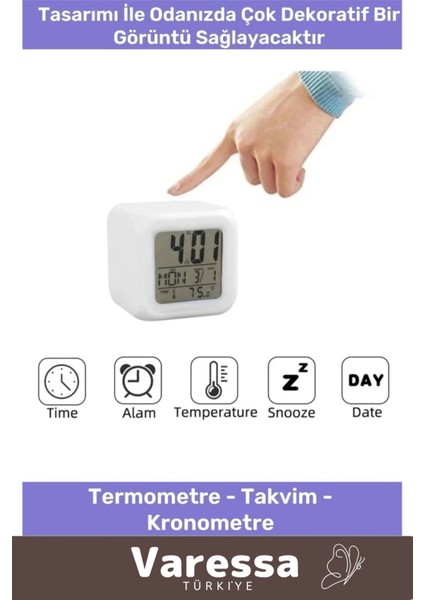 Renkli Dijital Takvimli Termometreli Masa Saati, Dekoratif ve Alarmlı fırsatları