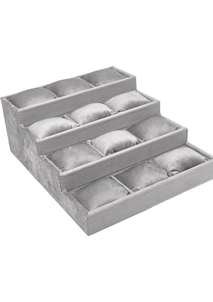 Füme Renkli 4 Katlı Saat ve Takı Kutusu, 12 Yastık, 36X26X12 cm