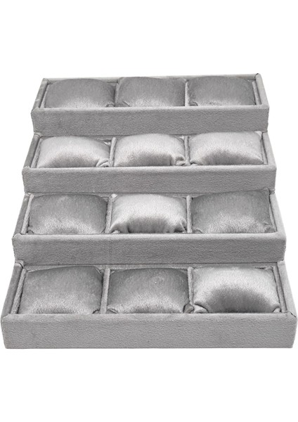 Füme Renkli 4 Katlı Saat ve Takı Kutusu, 12 Yastık, 36X26X12 cm