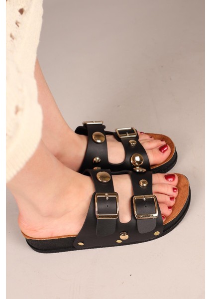 Marty Yuvarlak Aksesuarlı Çift Tokalı Terlik Siyah