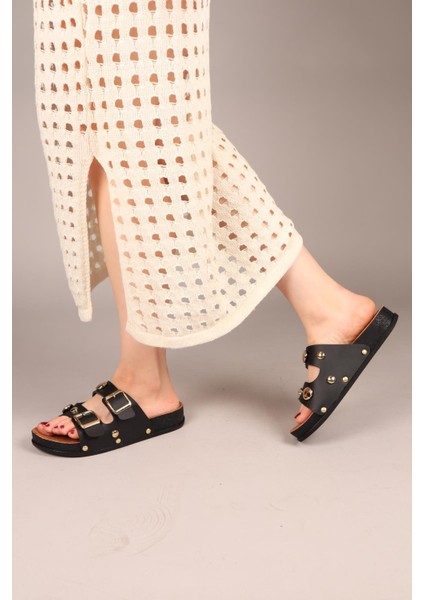 Marty Yuvarlak Aksesuarlı Çift Tokalı Terlik Siyah modelleri