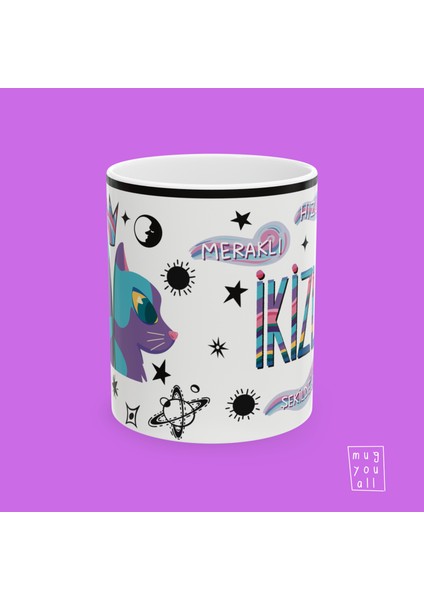 İkizler Burcu Gemini Astroloji Temalı Özel Çizim Hediyelik Porselen Tasarım Kupa modelleri