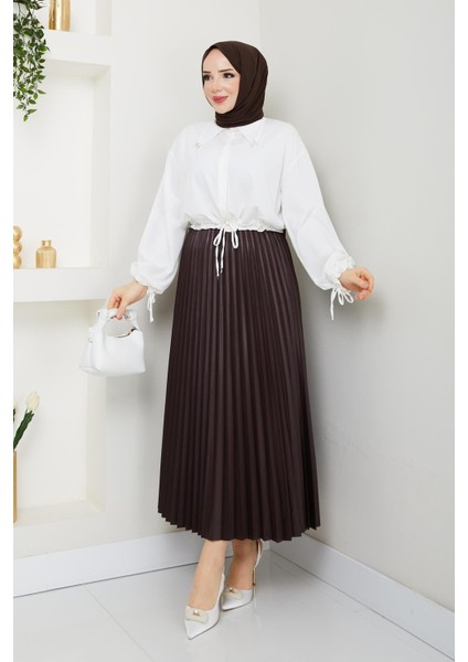 Beli Lastikli Pileli Etek Kahverengi