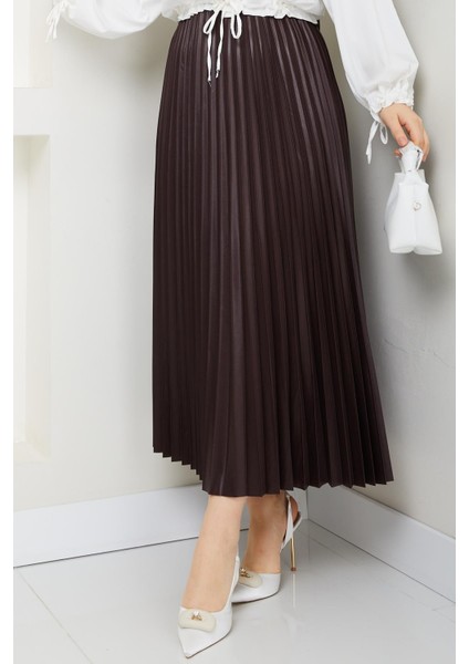 Beli Lastikli Pileli Etek Kahverengi modelleri