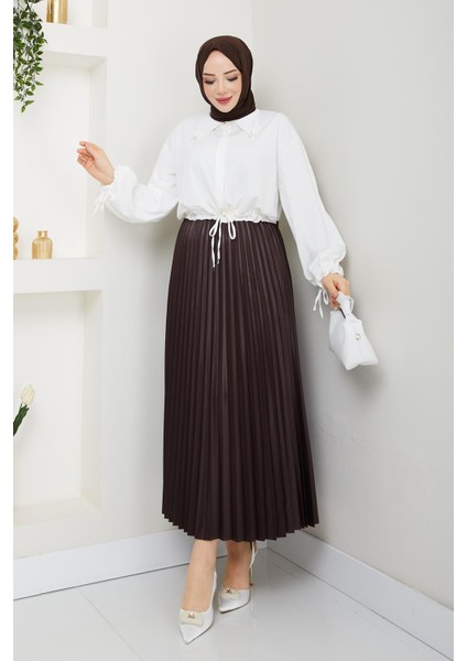 Beli Lastikli Pileli Etek Kahverengi fırsatları