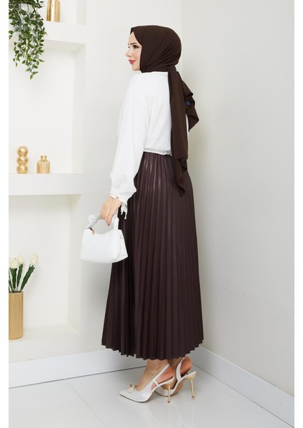 Beli Lastikli Pileli Etek Kahverengi indirimleri