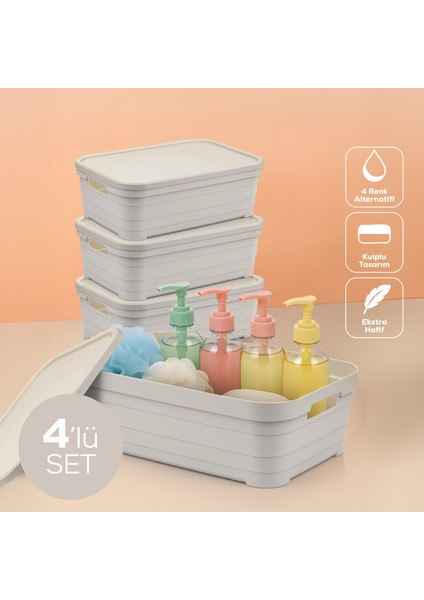 4'lü Kapaklı 8,2 Litre Saklama Kutusu Bej