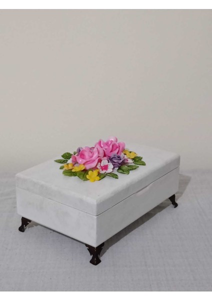 Beyaz Seramik Çiçekli Ahşap Dekoratif Kutu 22X15X7,5 cm fiyatları
