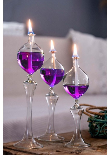 Mor Ayaklı Cam Kandil Seti, 3'lü Şamdan ve Kandil Yağıyla Şıklık Sağlar