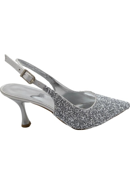 Kalindra | Kadın Taş Kaplamalı Arkası Açık Abiye Ayakkabı - Gümüş - 37