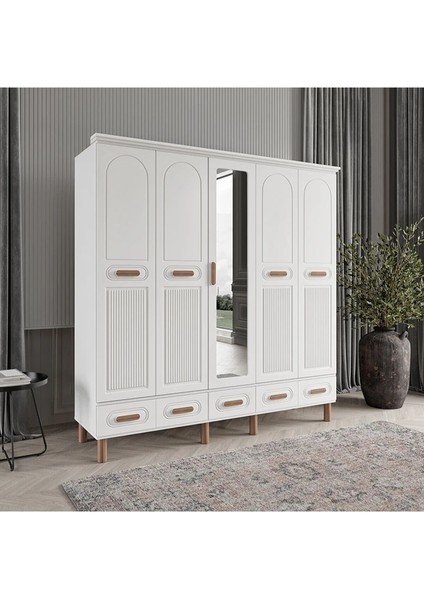 Pera 5 Kapaklı Beyaz Gardırop Tamamı Mdf