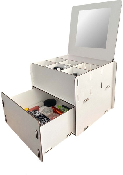 7 Gözlü Ahşap Makyaj ve Takı Düzenleyici Aynalı Organizatör Beyaz