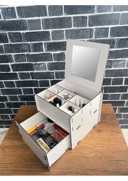 7 Gözlü Ahşap Makyaj ve Takı Düzenleyici Aynalı Organizatör Beyaz fiyatları