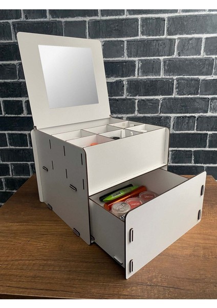 7 Gözlü Ahşap Makyaj ve Takı Düzenleyici Aynalı Organizatör Beyaz modelleri