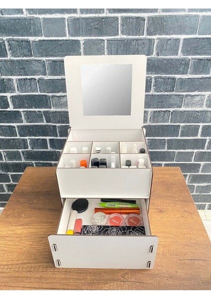 7 Gözlü Ahşap Makyaj ve Takı Düzenleyici Aynalı Organizatör Beyaz fırsatları