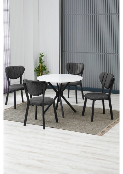 Elma Modeli Yuvarlak Mutfak Masa Sandalye Takımı, 4 Sandalye 1 Sabit Beyaz Masa 90X90 Cm, Keten Kumaş