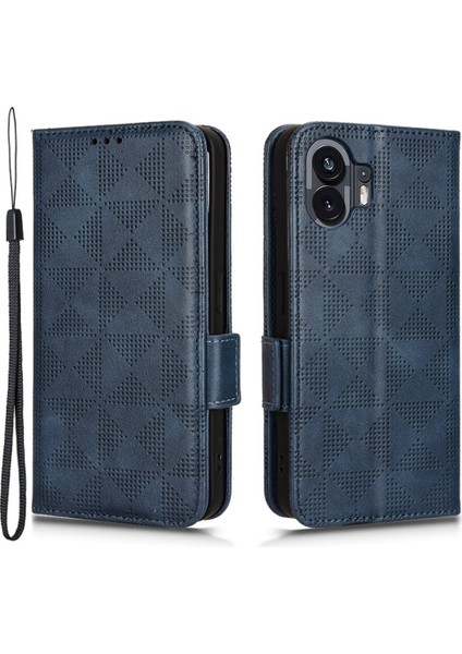 Hiçbir Şey Için Telefon(2)Baskılı Üçgen Stand Kabuk Düşmeye Dayanıklı Pu Deri Cüzdan Telefon Kılıfı-Mavi (Yurt Dışından)
