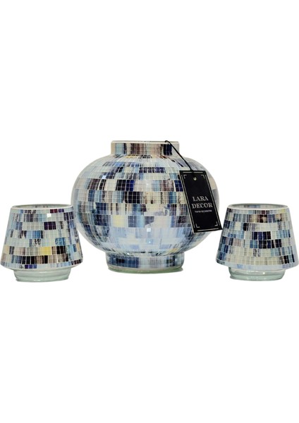 Mavi Beyaz Cam Vazo ve 2'li Mumluk Seti