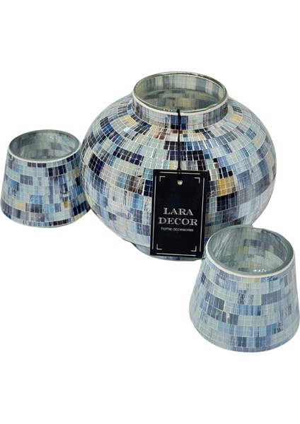 Mavi Beyaz Cam Vazo ve 2'li Mumluk Seti fiyatları
