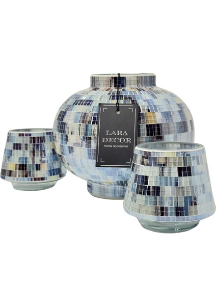Mavi Beyaz Cam Vazo ve 2'li Mumluk Seti modelleri