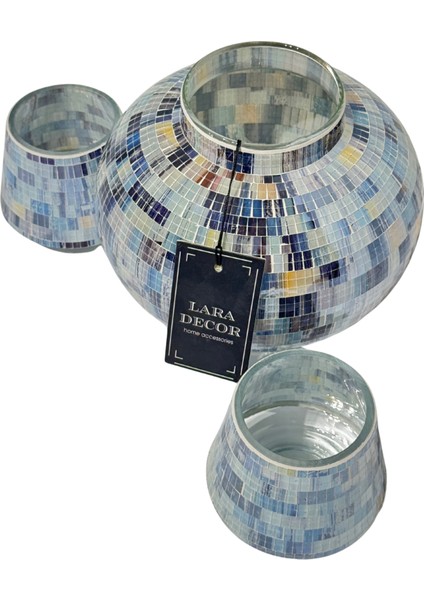 Mavi Beyaz Cam Vazo ve 2'li Mumluk Seti fırsatları