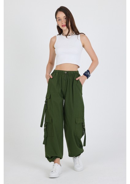 Beli Lastikli 3 Cep Tokalı %100 Pamuk Kargo Cep Kadın Pantolon 1447