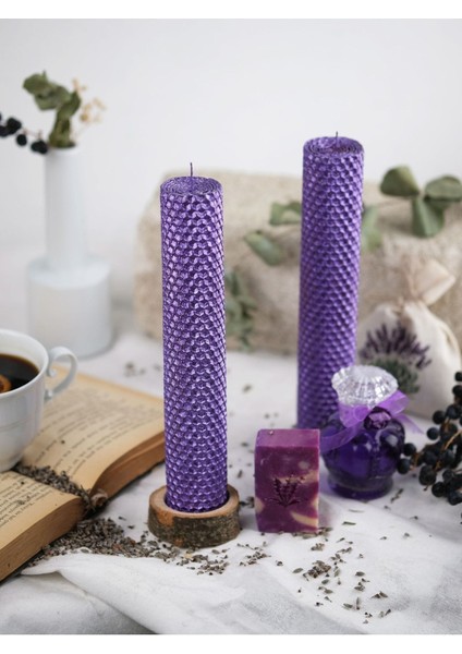 Lavanta ve Gül Kokulu, 20 cm Boy, 4 cm Çap, 2'li Balmumu Petek Mum Seti