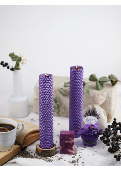 Lavanta ve Gül Kokulu, 20 cm Boy, 4 cm Çap, 2'li Balmumu Petek Mum Seti