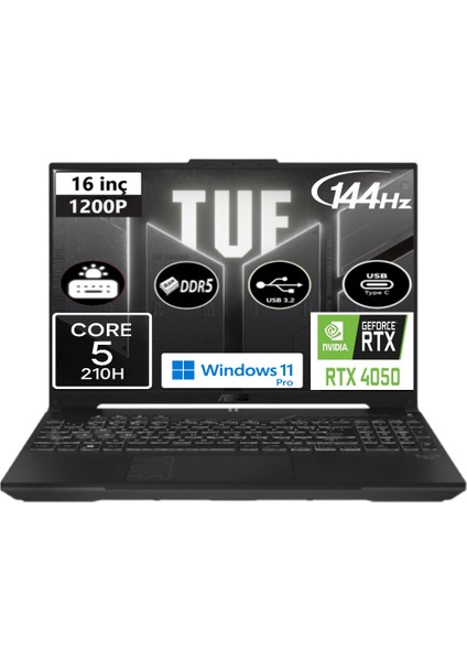 Tuf Gaming F16 FX607VU-RL146 Core 5 210H 8 GB Ram 512 GB SSD RTX4050 16" Wuxga 144Hz Windows 11 Pro + Elektropasaj Çanta
