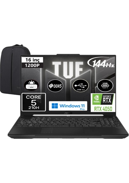 Tuf Gaming F16 FX607VU-RL146-EP11 Core 5 210H 64 GB Ram 2 Tb SSD RTX4050 16" Wuxga 144Hz Windows 11 Pro Taşınabilir Bilgisayar + Elektropasaj Çanta