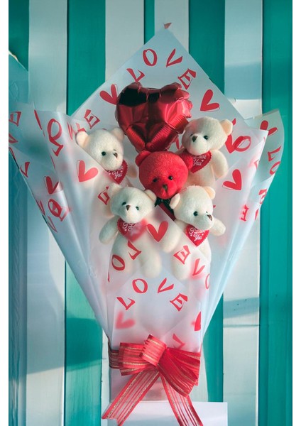 Premium Kalp Balonlu Love Temalı Kırmızı- Beyaz Peluş Ayıcık Buketi modelleri