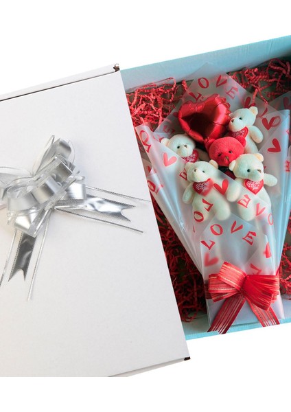 Premium Kalp Balonlu Love Temalı Kırmızı- Beyaz Peluş Ayıcık Buketi fırsatları